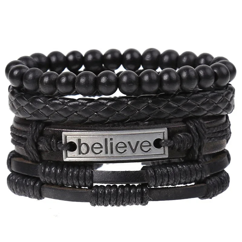 FBA 4-Piece Braided Leather Ethnic Wristband Set | Hope Believe Bracelet