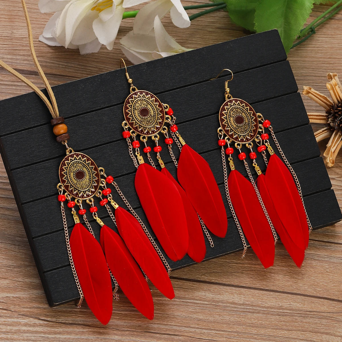 FBA Feather Necklace & Earring Set | Boho Tassel Jewelry