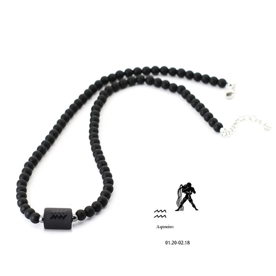 FBA 12 Constellations Black Onyx Beaded Necklace | Men's Jewelry