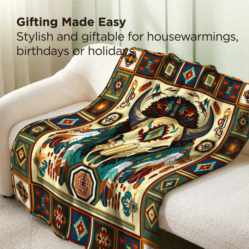 Buffalo Skull Ethnic Print Flannel Throw Blanket | FBA Vibes