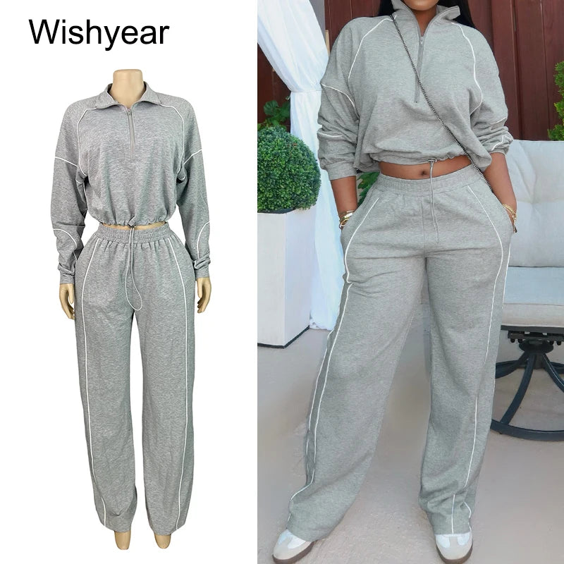 Women's 2-Piece Striped Sport Set – Zip Sweatshirt & Wide-Leg Pants | FBA Vibes