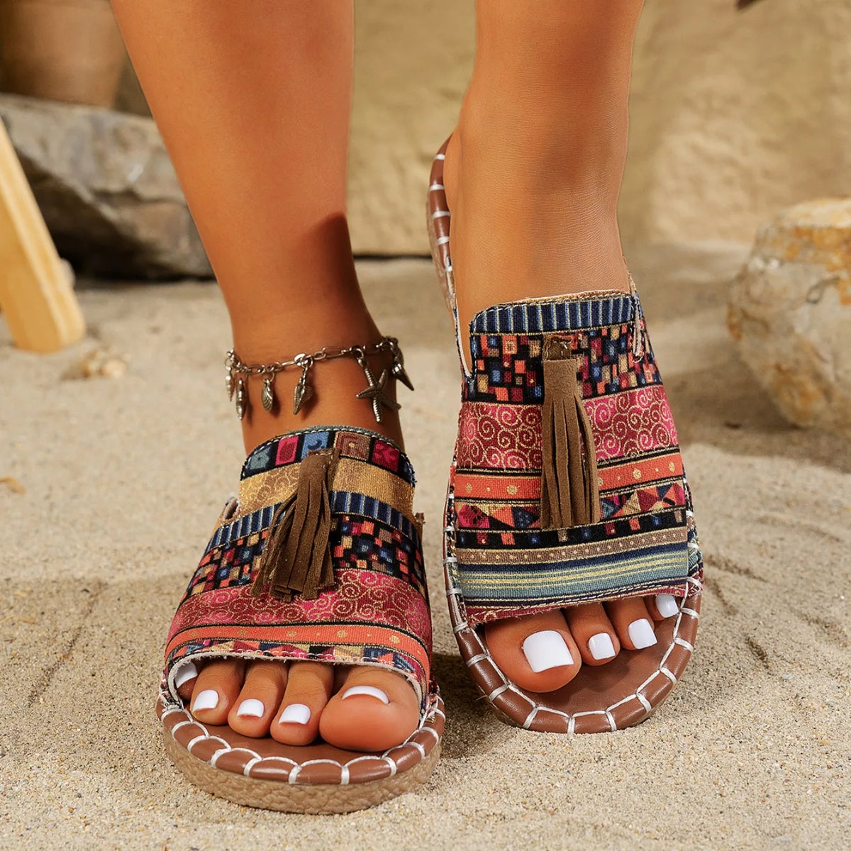 FBA Women's Mixed Color Low Heel Beach Slides | Plus Size Sandals