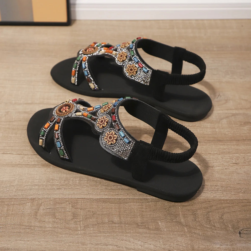 FBA Women's Beaded Fairy Style Flat Roman Sandals | Plus Size Ethnic Shoes