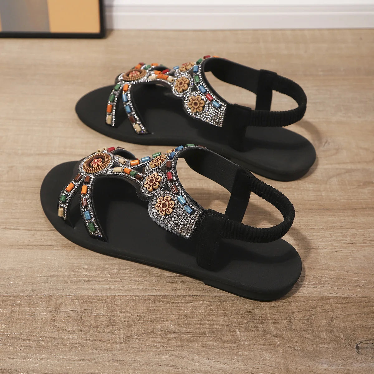 FBA Women's Beaded Fairy Style Flat Roman Sandals | Plus Size Ethnic Shoes