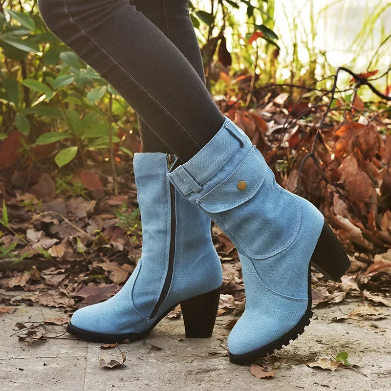 Women's Denim Cowboy Ankle Boot with Square Heel | FBA Vibes