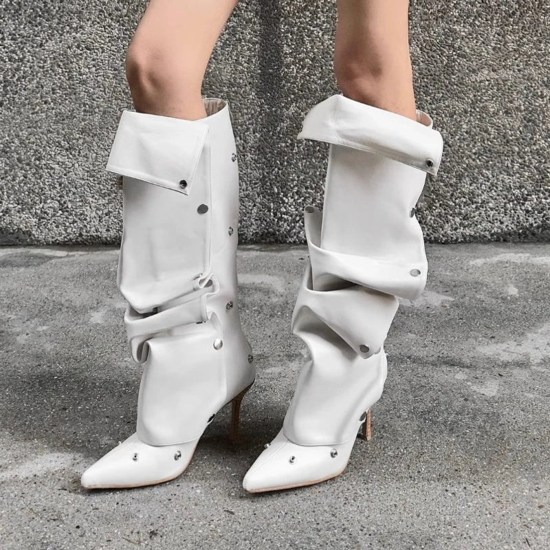 Women's Pleated PU Knee-High Knight Boot with Stiletto Heel