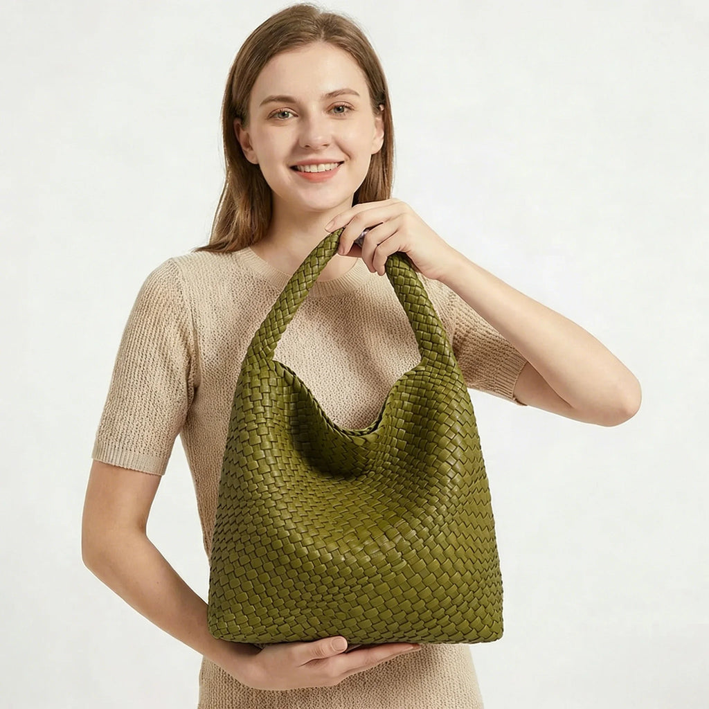 Hand-Knitted PU Woven Tote Bag for Women – Large Luxury Criss-Cross Shoulder Bag