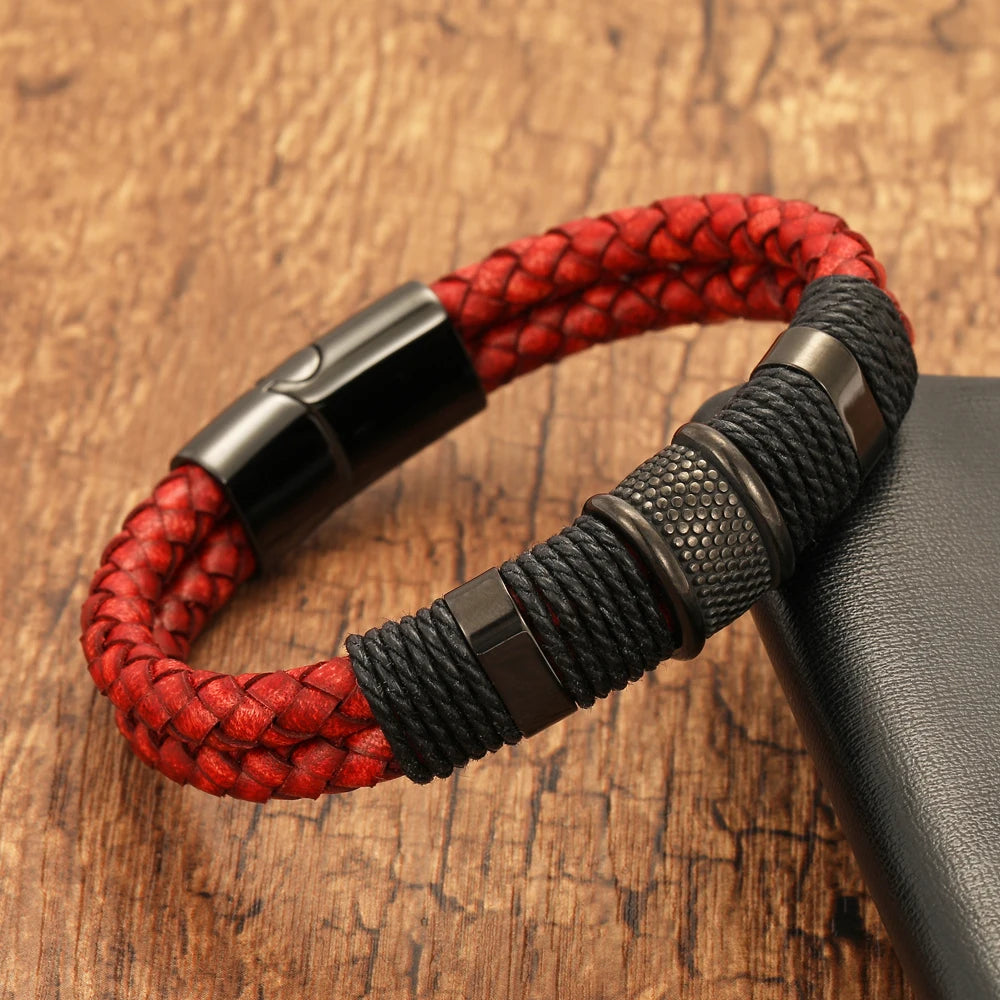 FBA Red Leather Rope Woven Bracelet for Men | Trendy Jewelry