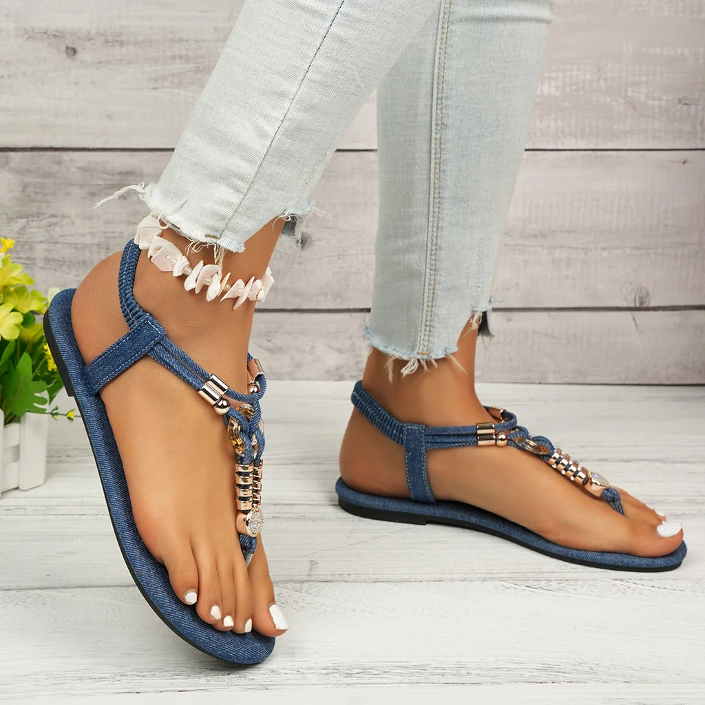 FBA Women's Bohemian Beaded Flat Sandals | Slip-On Beach Shoes