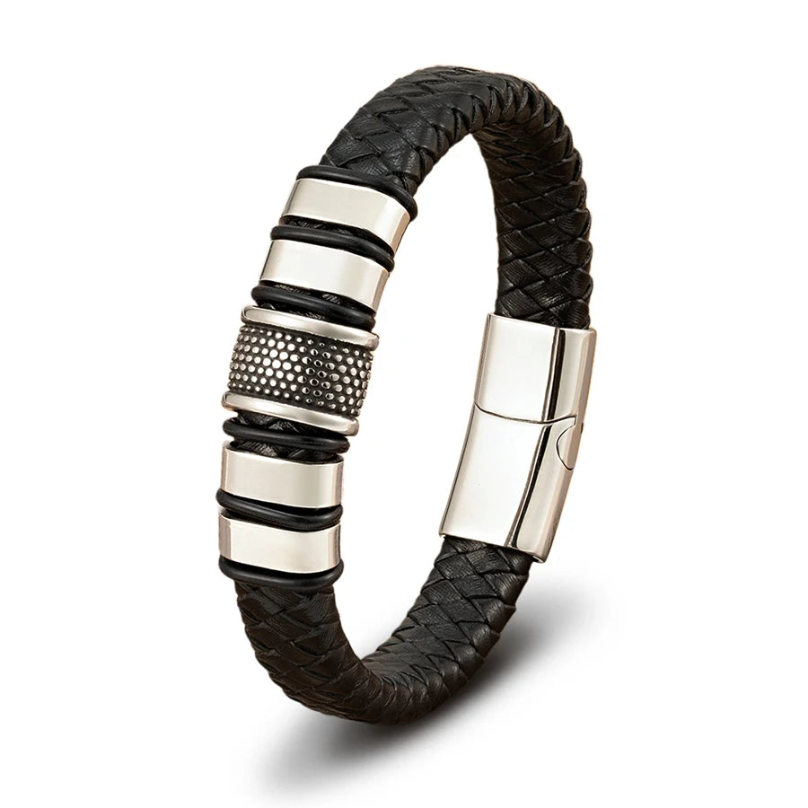 FBA Men's Stainless Steel Beaded Leather Rope Bracelet | Charm Jewelry Gift