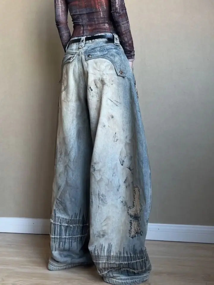 Women's American Retro Distressed Wide-Leg Jeans – High Street Loose Printed Denim Pants | Blue | S–XXXL | FBA Vibes