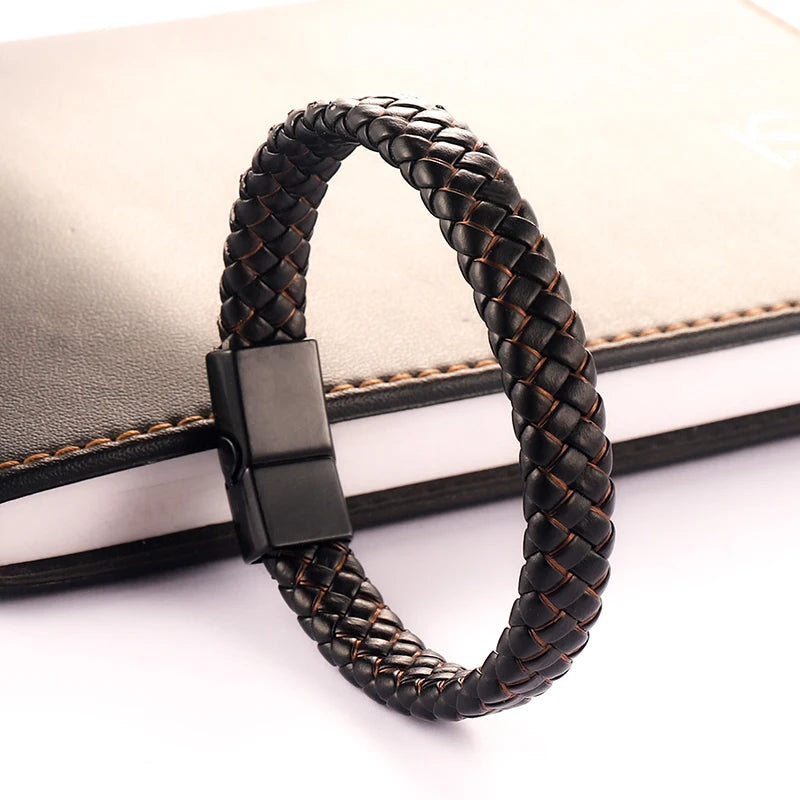 FBA Men's Black Braided Leather Magnetic Bracelet | Wristband Gift