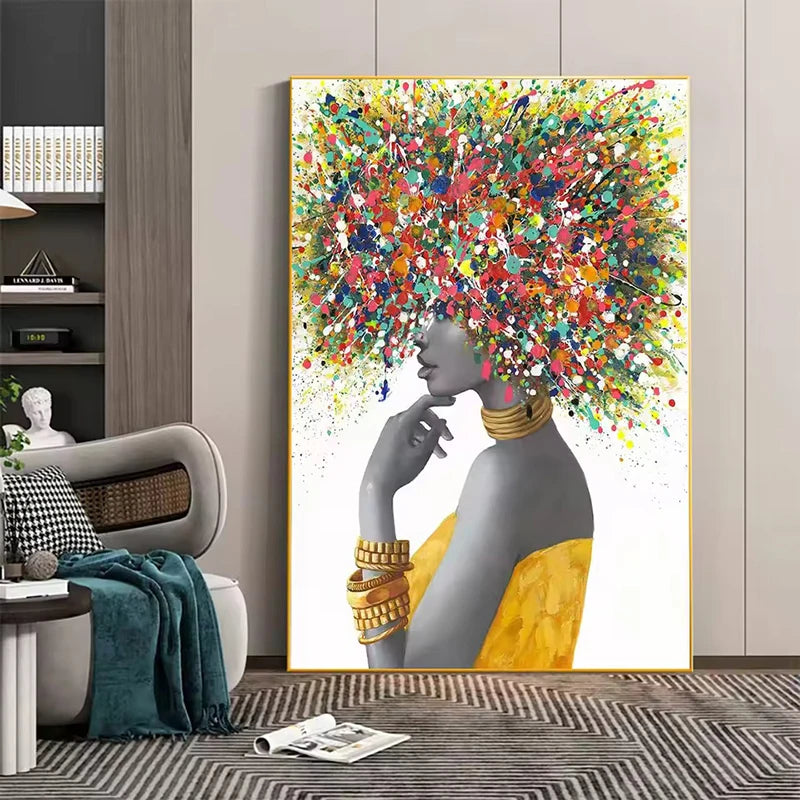 Black Woman Abstract Floral Portrait Canvas Print | Colorful Wall Art for Living Room