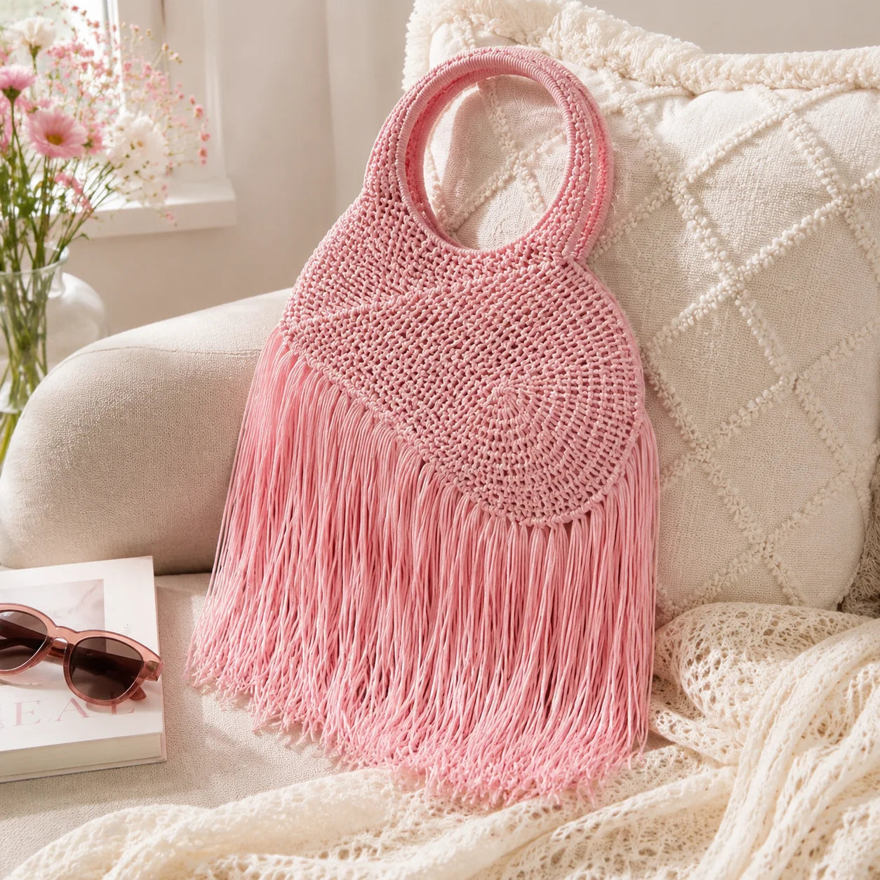 Straw Woven Tassel Tote Bag with Heart Accent – Boho Chic Summer Beach Shoulder Bag for Women