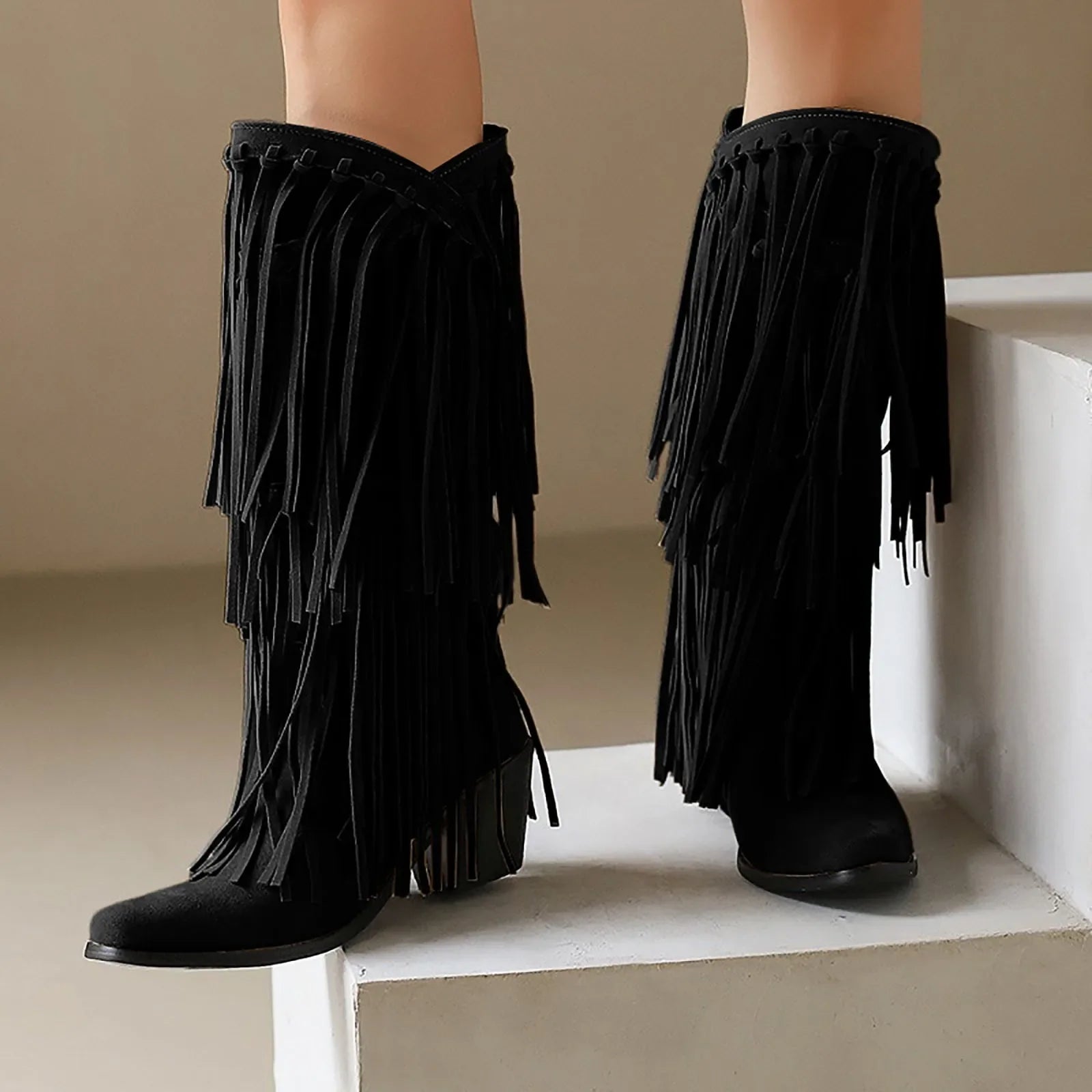 Women's Retro Tassel Fringe Mid-Calf Chelsea Boot with Block Heel
