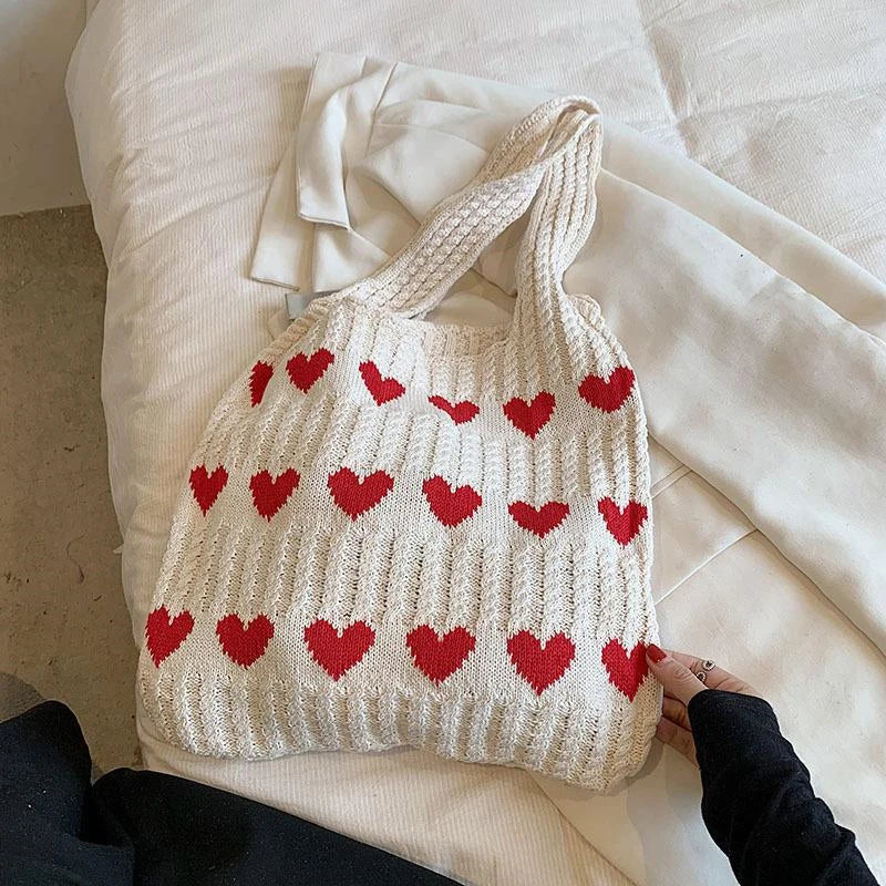 Love Heart Graphic Knitted Crochet Tote Bag – Aesthetic Woven Shoulder Bag for Women