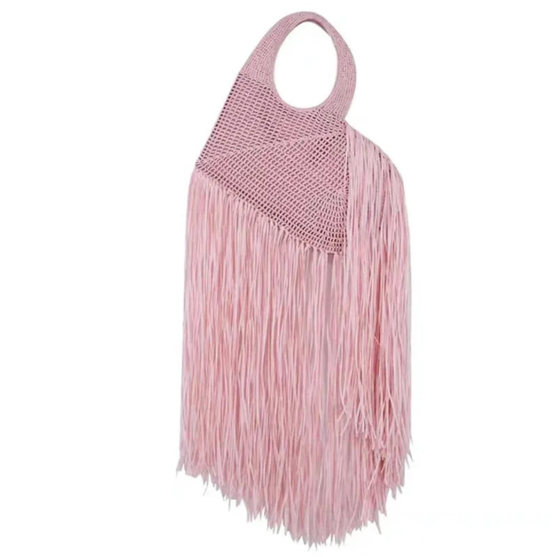 Straw Woven Tassel Tote Bag with Heart Accent – Boho Chic Summer Beach Shoulder Bag for Women