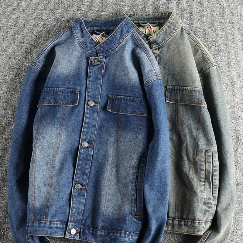 Men's American Retro Motorcycle Denim Jacket – Nostalgic Wash Stand Collar Short Coat | Denim Blue & Nostalgia Blue | L–XXXL | FBA Vibes