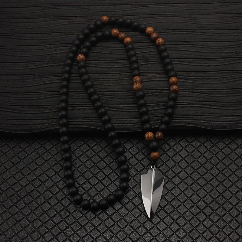 FBA 8mm Matte Black Wood Hematite Arrow Pendant Necklace | Unisex Boho Jewelry