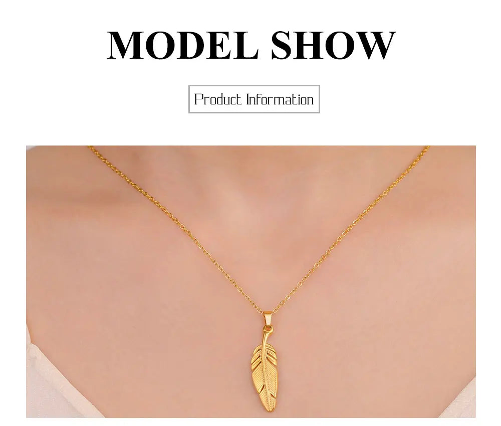 FBA Stainless Steel Feather Leaf Pendant Necklace | Women's Gold Jewelry