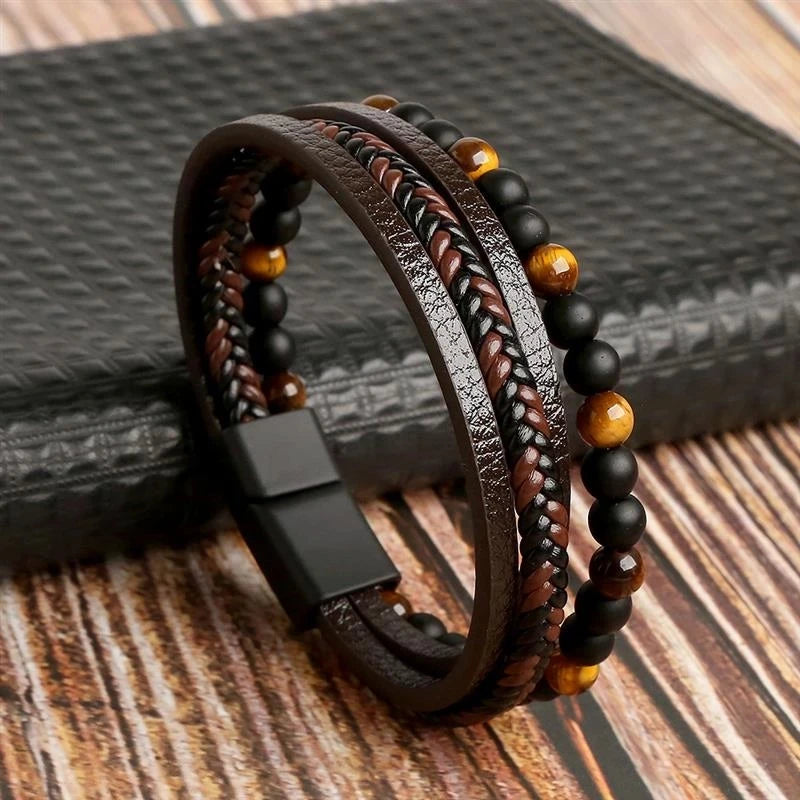 FBA Men's Tiger Eye Beaded Leather Bracelet | Multilayer Jewelry Gift