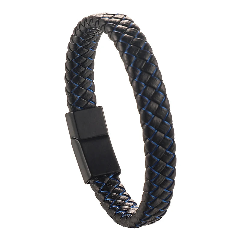 FBA Men's Black Braided Leather Magnetic Bracelet | Wristband Gift