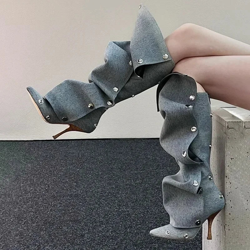 Women's Denim Knee-High Boot — Pointed Toe, Thin Heel, Metal Button