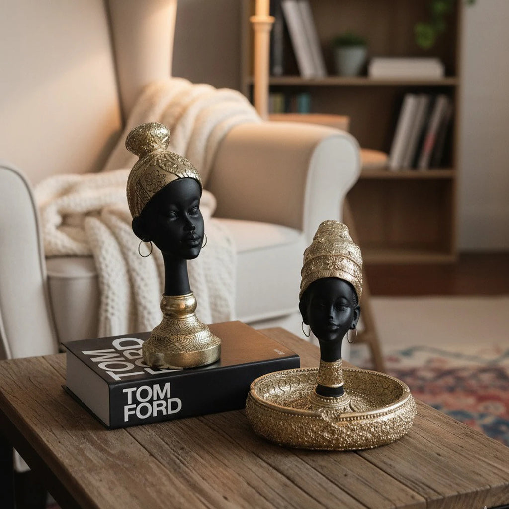 African-Style Resin Sculpture | Black & Gold Candle Holder & Decorative Accent