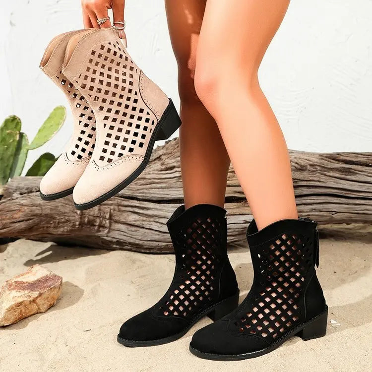Women's Hollow-Out Western Ankle Bootie with Low Chunky Heel