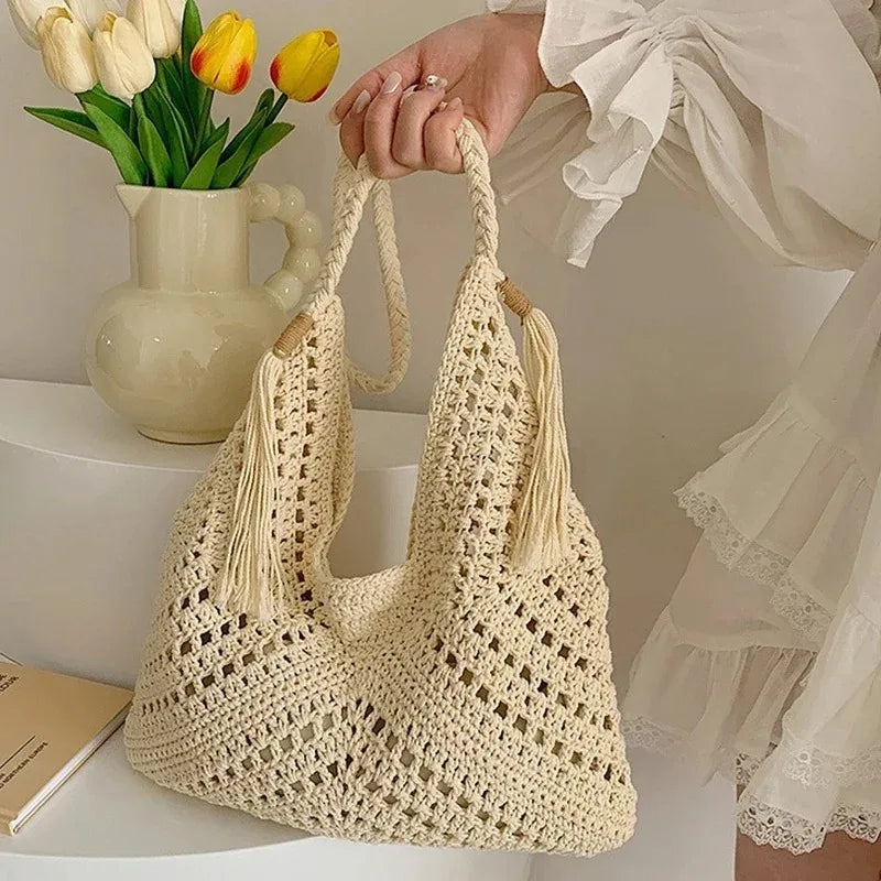 Summer Crochet Boho Shoulder Bag for Women – Knitted Hollow-Out Beach Vacation Tote