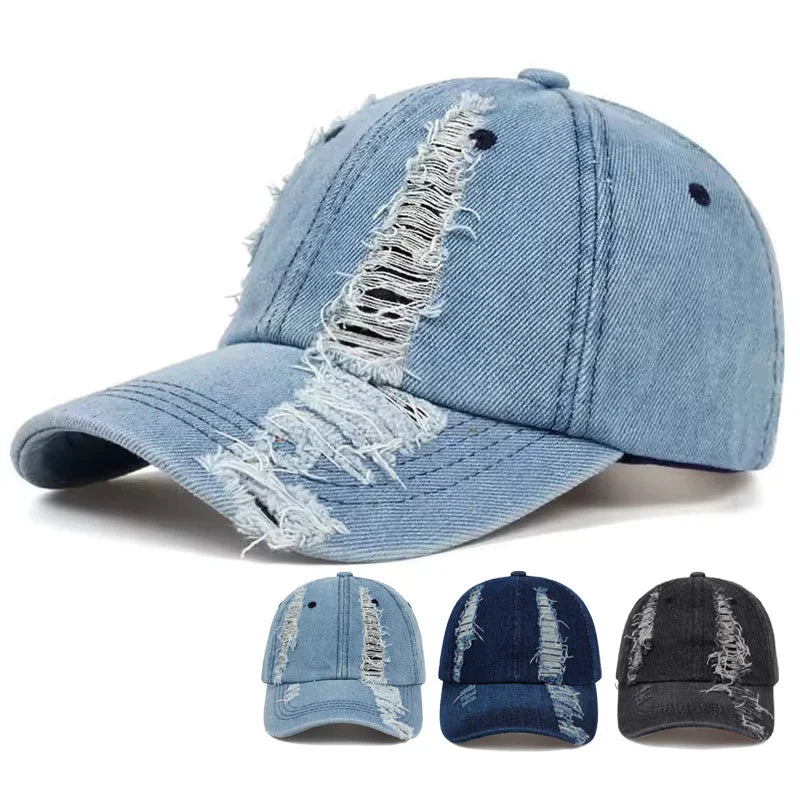 Ripped Washed Denim Distressed Snapback Cap | FBA Vibes