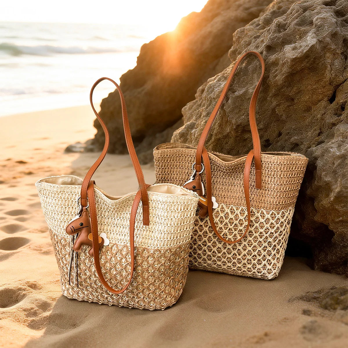 Bohemian Straw Tote Bag with Pony Charm – Hollowed Weave Beach Shoulder Bag