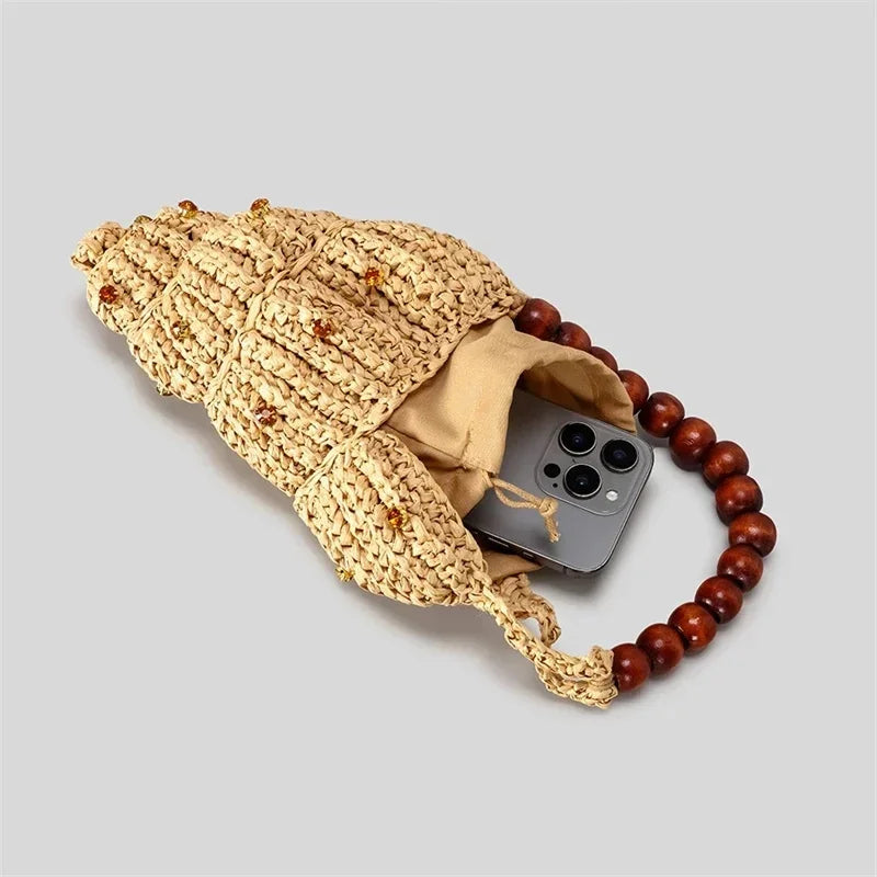 Straw Woven Bag with Wooden Bead Handle – Boho Beach Tote Shoulder Purse for Women