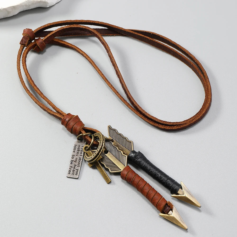 FBA Handmade Leather Double Arrow Pendant Necklace | Boho Artisan Jewelry