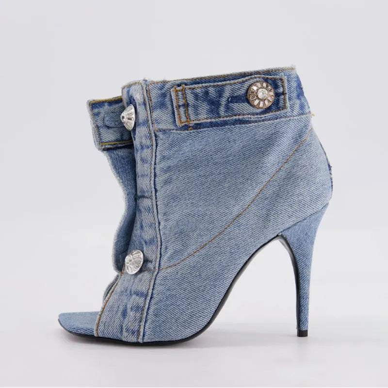 Women's Denim Peep Toe Ankle Boot — Square Toe, Ultra-High Heel, Button Detail