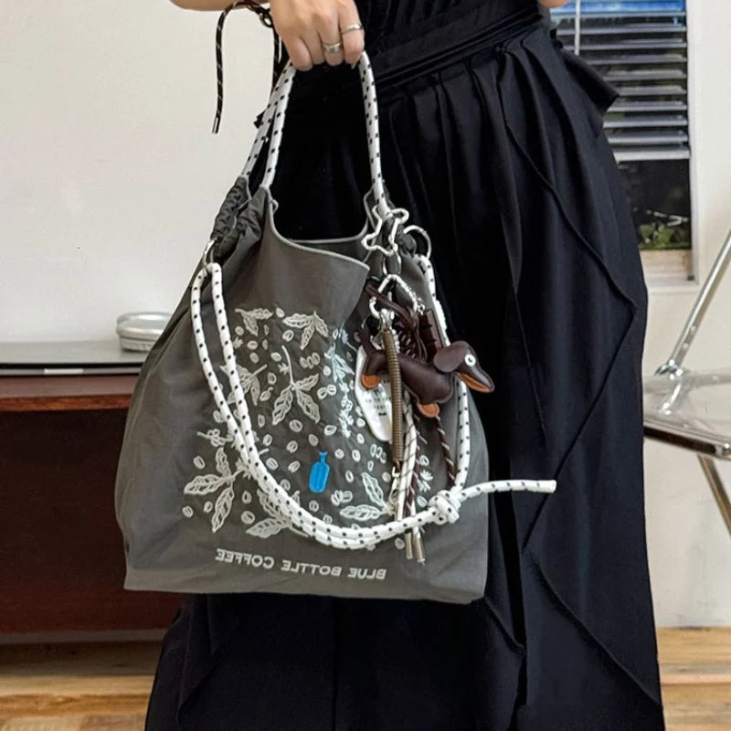 Nylon Embroidered Tote Bag – Large Capacity Lightweight Shoulder & Shopping Bag