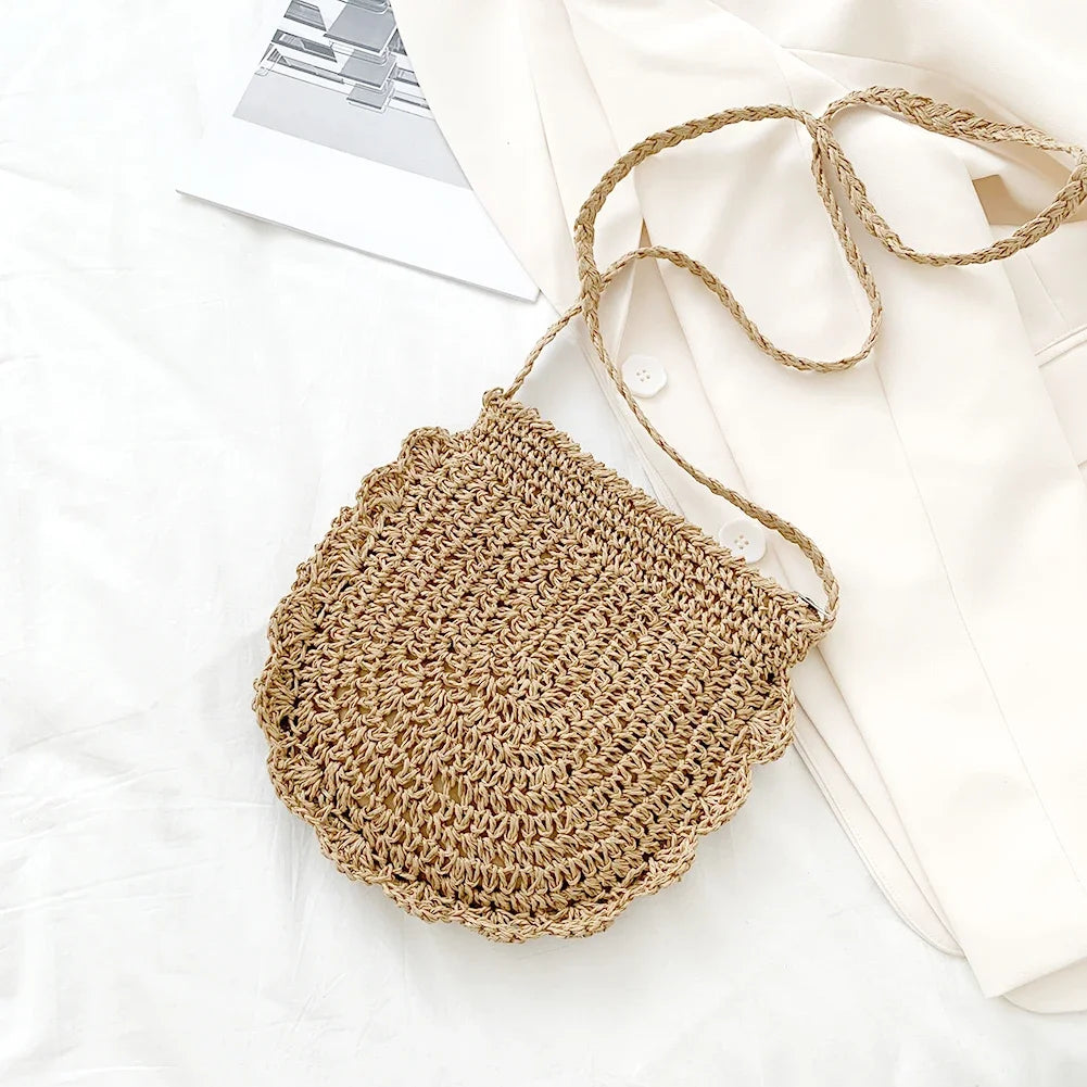 Women's Round Straw Woven Tote Bag – Large Capacity Ethnic Style Vacation Shoulder Handbag