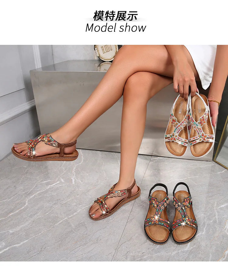 FBA Women's Rhinestone Bohemian Hollow Flat Sandals | Summer Casual Shoes