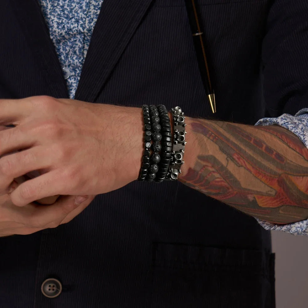 FBA Black Skull Beaded Leather Bracelet for Men | Buddhist Punk Jewelry