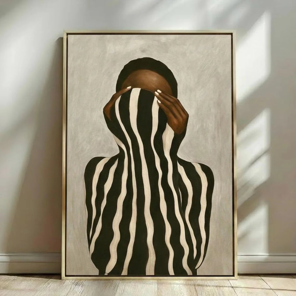 Afrocentric Abstract Black Woman Canvas Print | Black & White Stripes Neutral Wall Art