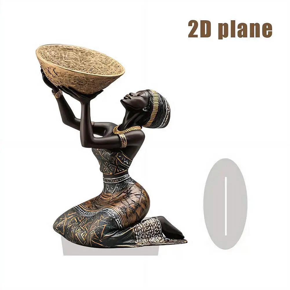 African Woman Kneeling with Basket Acrylic Art Ornament | 2D Flat Decorative Figurine for Home & Desk Decor