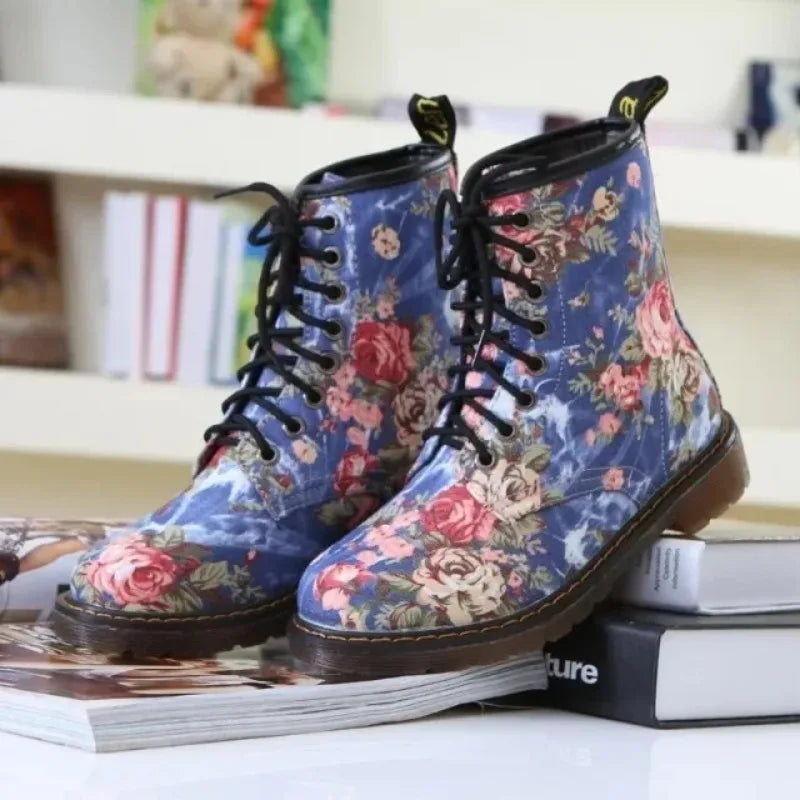 Women's Floral Print Ankle Boot — Lace-Up, Flat, Non-Slip