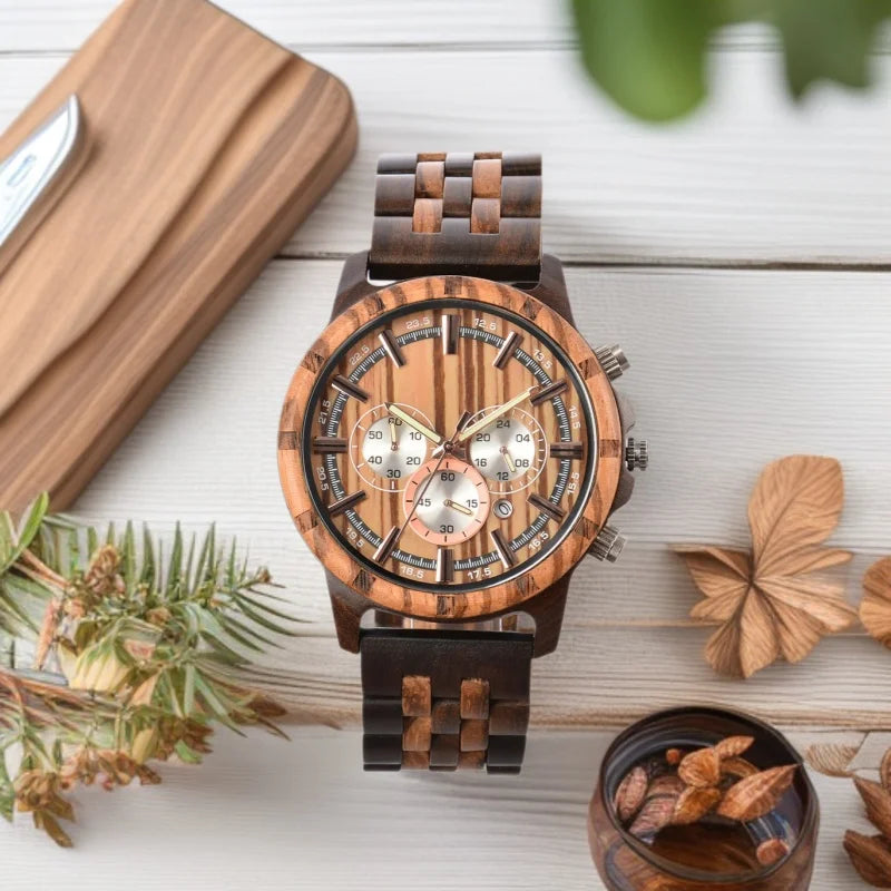 FBA Men's Military Chronograph Wood Watch | Luxury Quartz Wooden Wristwatch