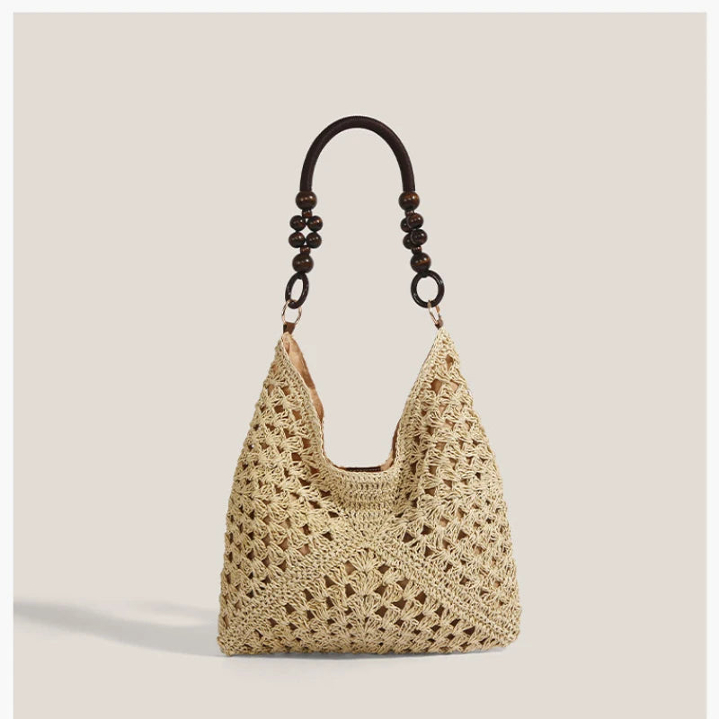 Boho Crochet Straw Tote Bag – Hollow-Out Woven Beach Shoulder Bag for Women