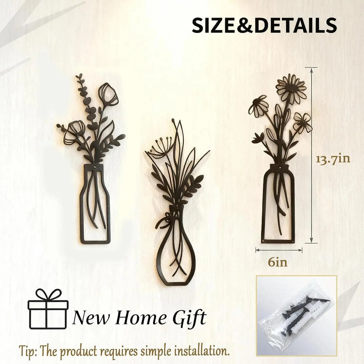 Set of 3 Black Metal Flower Vase Wall Art | Farmhouse Wall Decor for Living Room, Bedroom & Kitchen