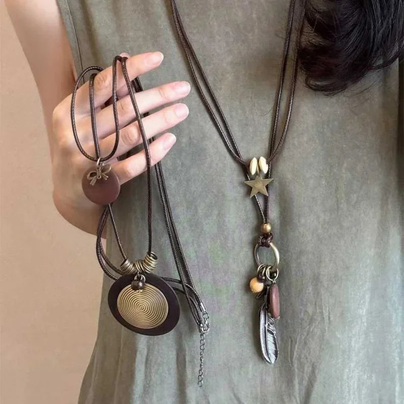 FBA Star Feather Leather Pendant Necklace | Retro Art Jewelry