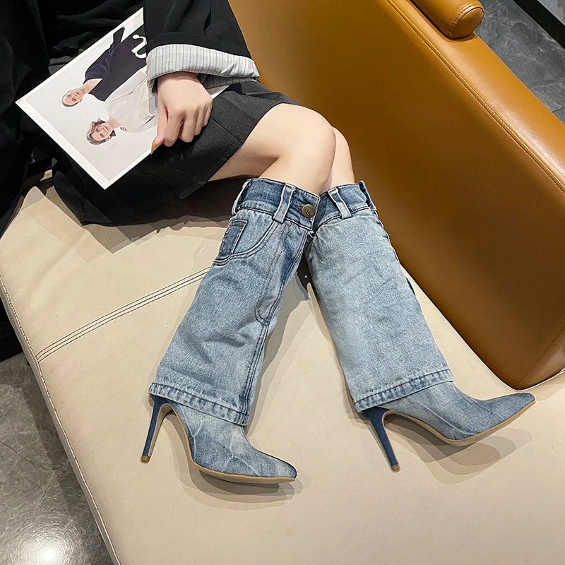 Women's Retro Blue Denim Mid-Calf Boot with High Square Heel