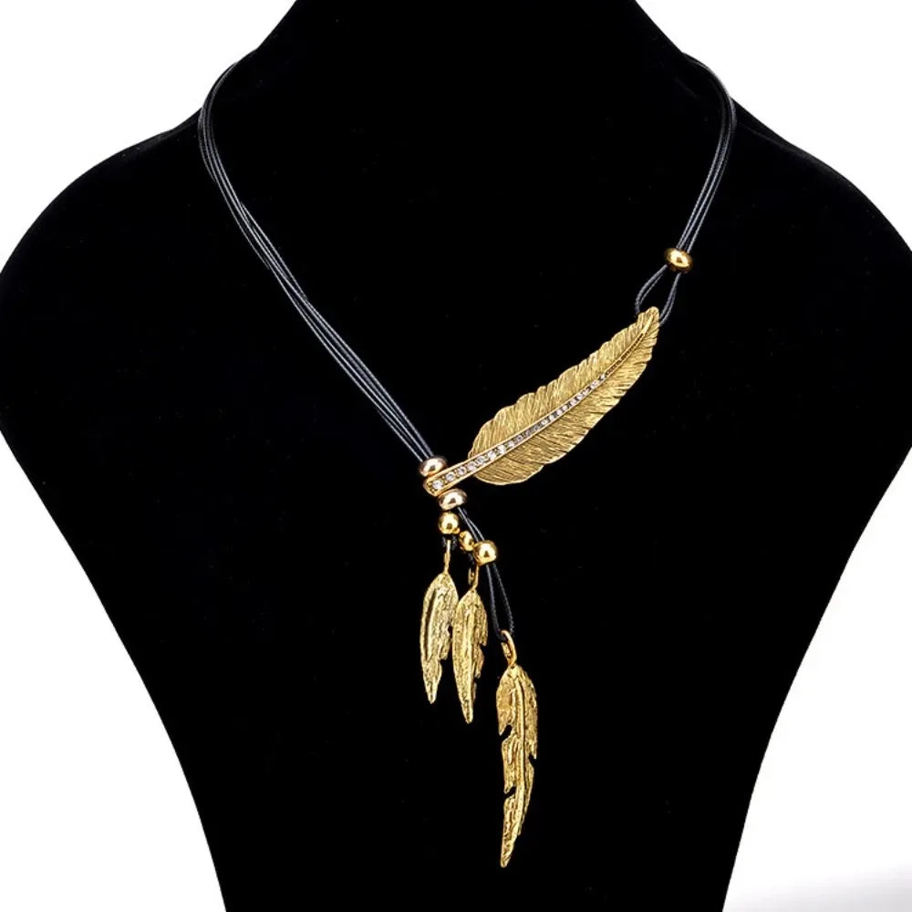 FBA Feather Rhinestone Tassel Necklace | Silver Leather Rope Jewelry