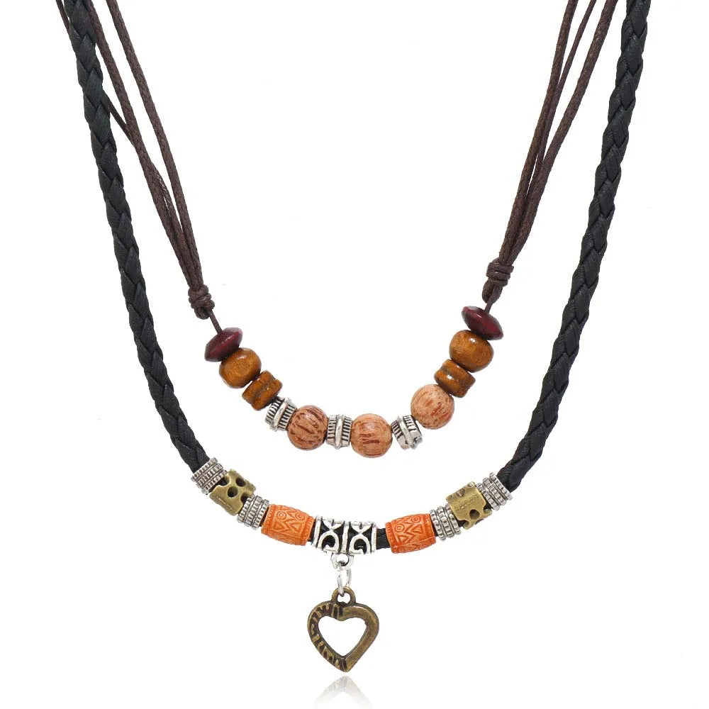 FBA Bohemian Layered Feather Leather Necklace | Ethnic Rustic Jewelry