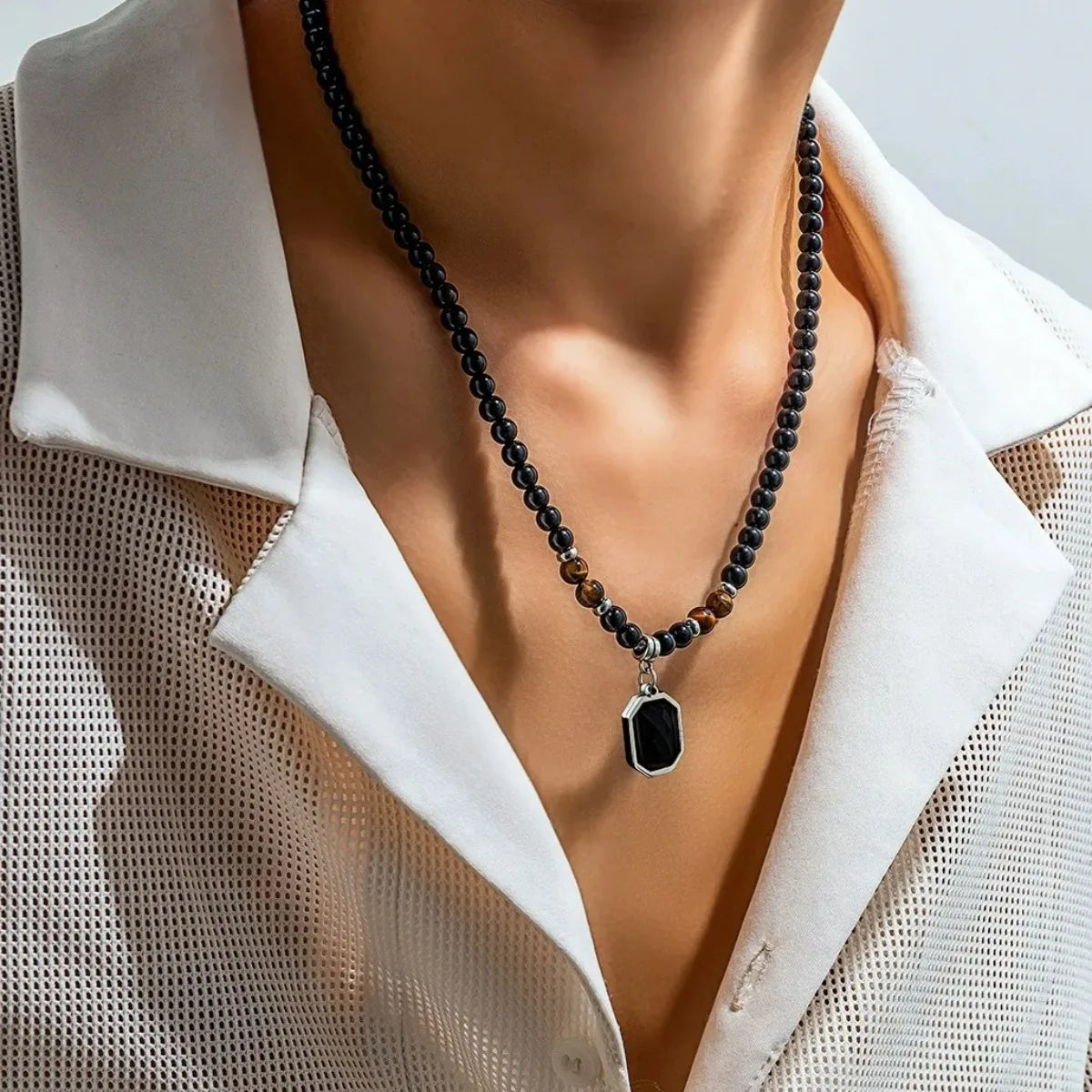 FBA Black Beads Square Pendant Necklace for Men | Fashion Jewelry